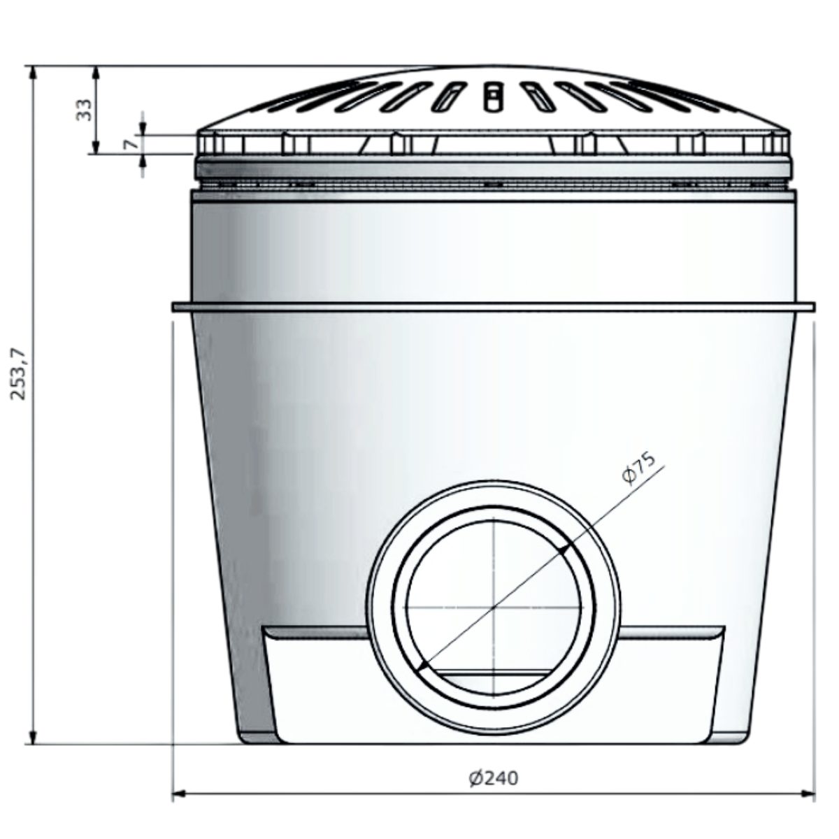 Dimensioni Scarico di fondo con griglia antivortice per piscina in cemento armato con membrana in PVC Pools Immagine di uno scarico di fondo per piscina raffigurante le dimensioni del componente stesso