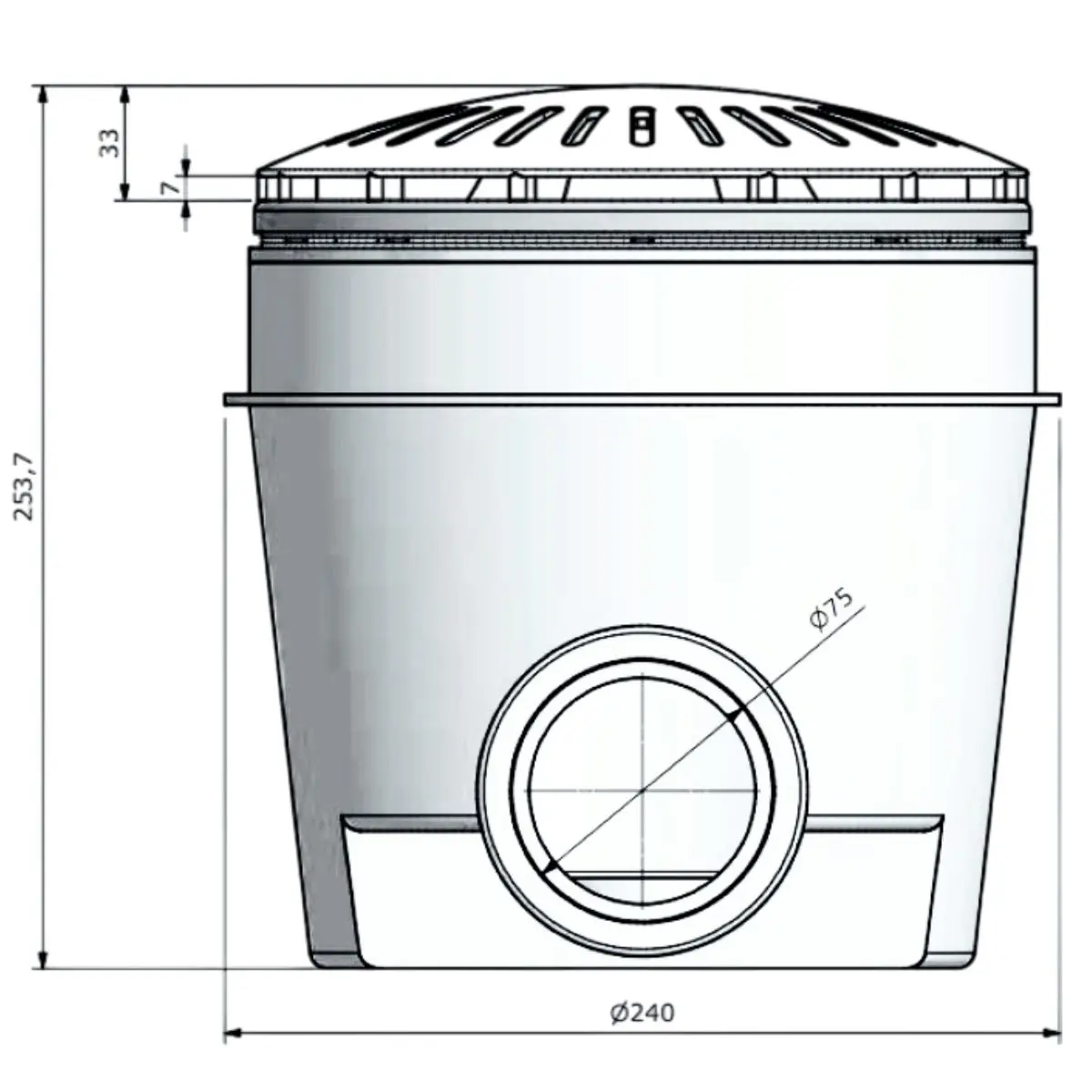Dimensioni Scarico di fondo con griglia antivortice per piscina in cemento armato con membrana in PVC Pools Immagine di uno scarico di fondo per piscina raffigurante le dimensioni del componente stesso