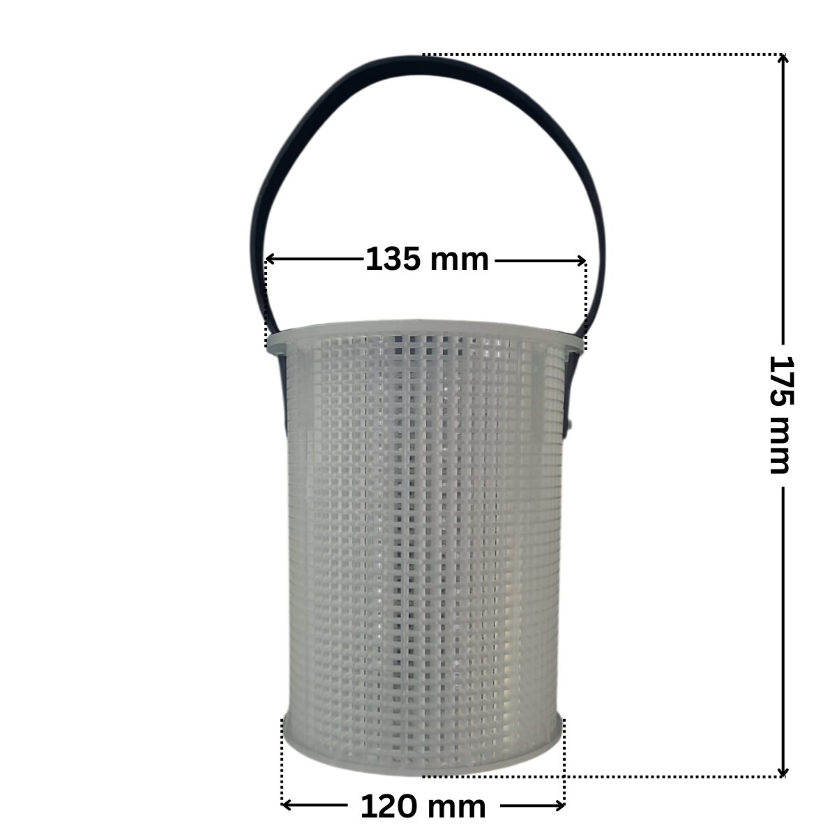 Cestello ricambio per pompa piscina Challenger Pentair con quote dimensionali: diametro esterno superiore 135 mm, diametro esterno inferiore 120 mm e altezza totale con manico 175 mm.