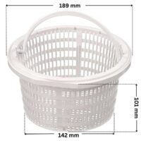 Cestello ricambio per skimmer bocca larga e bocca stretta, portata 15 litri Astralpool, con quote dimensionali: altezza 101 mm, diametro inferiore 142 mm, diametro superiore 189 mm.