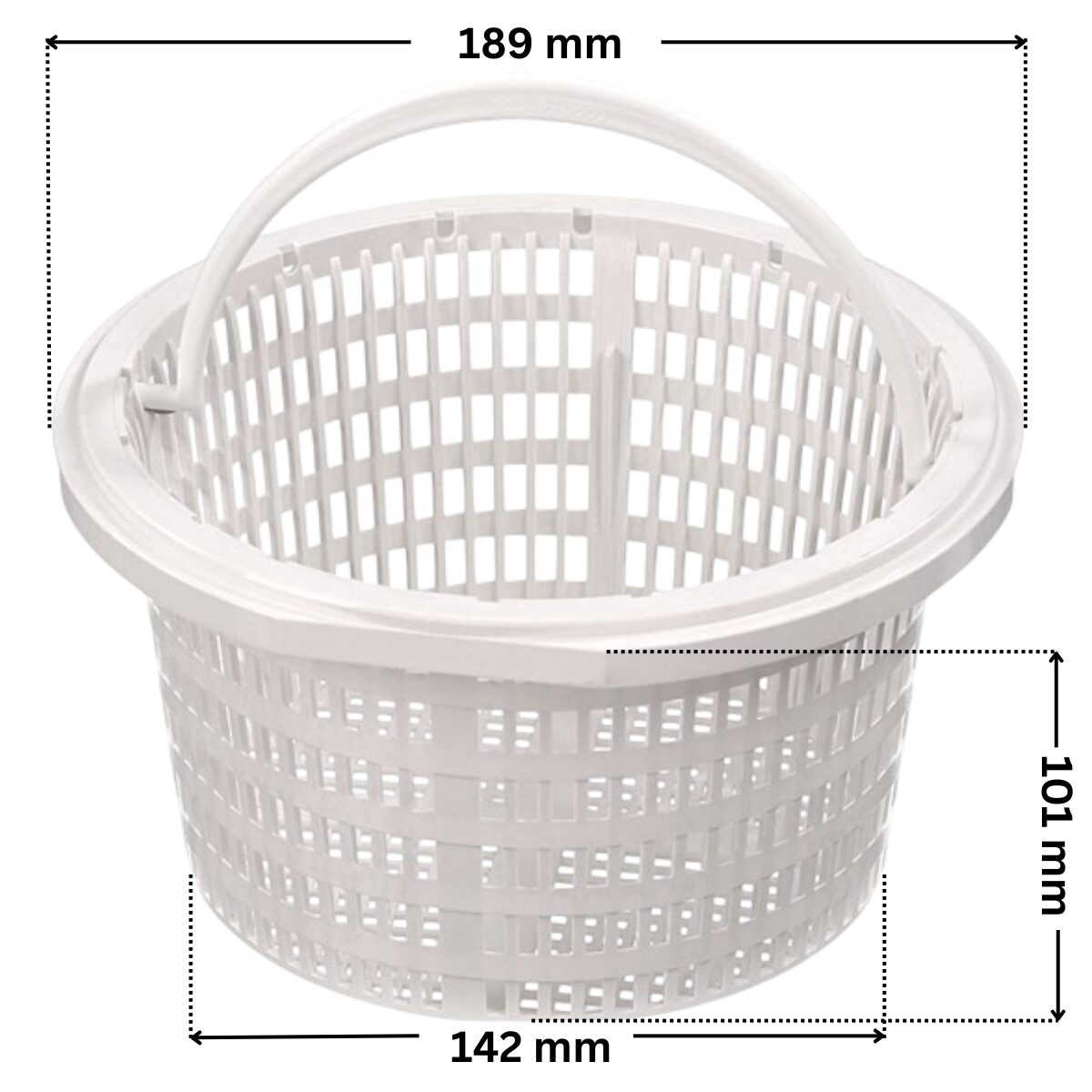Cestello ricambio per skimmer bocca larga e bocca stretta, portata 15 litri Astralpool, con quote dimensionali: altezza 101 mm, diametro inferiore 142 mm, diametro superiore 189 mm.