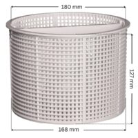 Cestello, forma cilindrica, ricambio per skimmer SP1082, SP1084, SP1085, SP1085C Hayward con quote dimensionali: diametro superiore 180 mm, diametro inferiore 168 mm, altezza totale 127 mm.