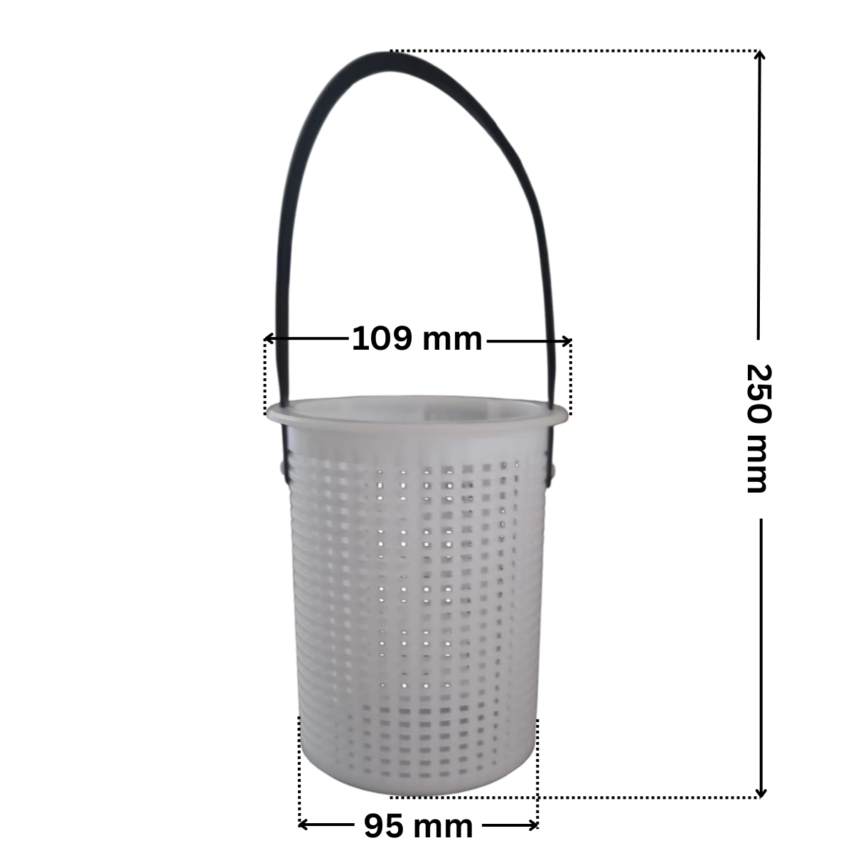 Vista frontale del cestello ricambio per pompa piscina Sena Astralpool con quote dimensionali: diametro esterno inferiore 95 mm, diametro esterno superiore 109 mm e altezza totale esterna compresa di manico 250 mm