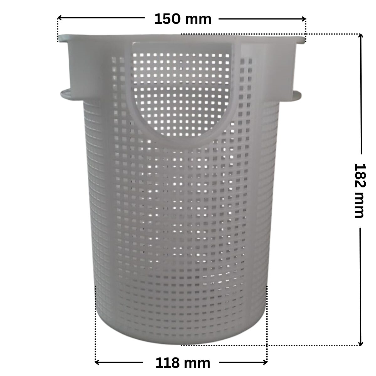 Cestello ricambio per pompe piscina Sta-Rite 5P6R e La Sta-Rite HD Pentair con quote dimensionali: diametro esterno inferiore 118 mm, diametro esterno superiore 150 mm e altezza esterna totale 182 mm.