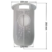 Cestello ricambio per pompa piscina Tri-star Hayward con quote dimensionali: diametro esterno superiore 159 mm, diametro esterno inferiore 120 mm e altezza totale esterna 250 mm.