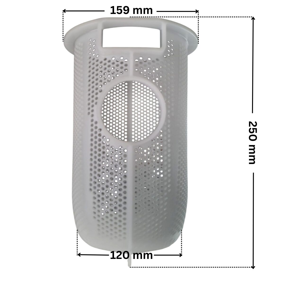 Cestello ricambio per pompa piscina Tri-star Hayward con quote dimensionali: diametro esterno superiore 159 mm, diametro esterno inferiore 120 mm e altezza totale esterna 250 mm.