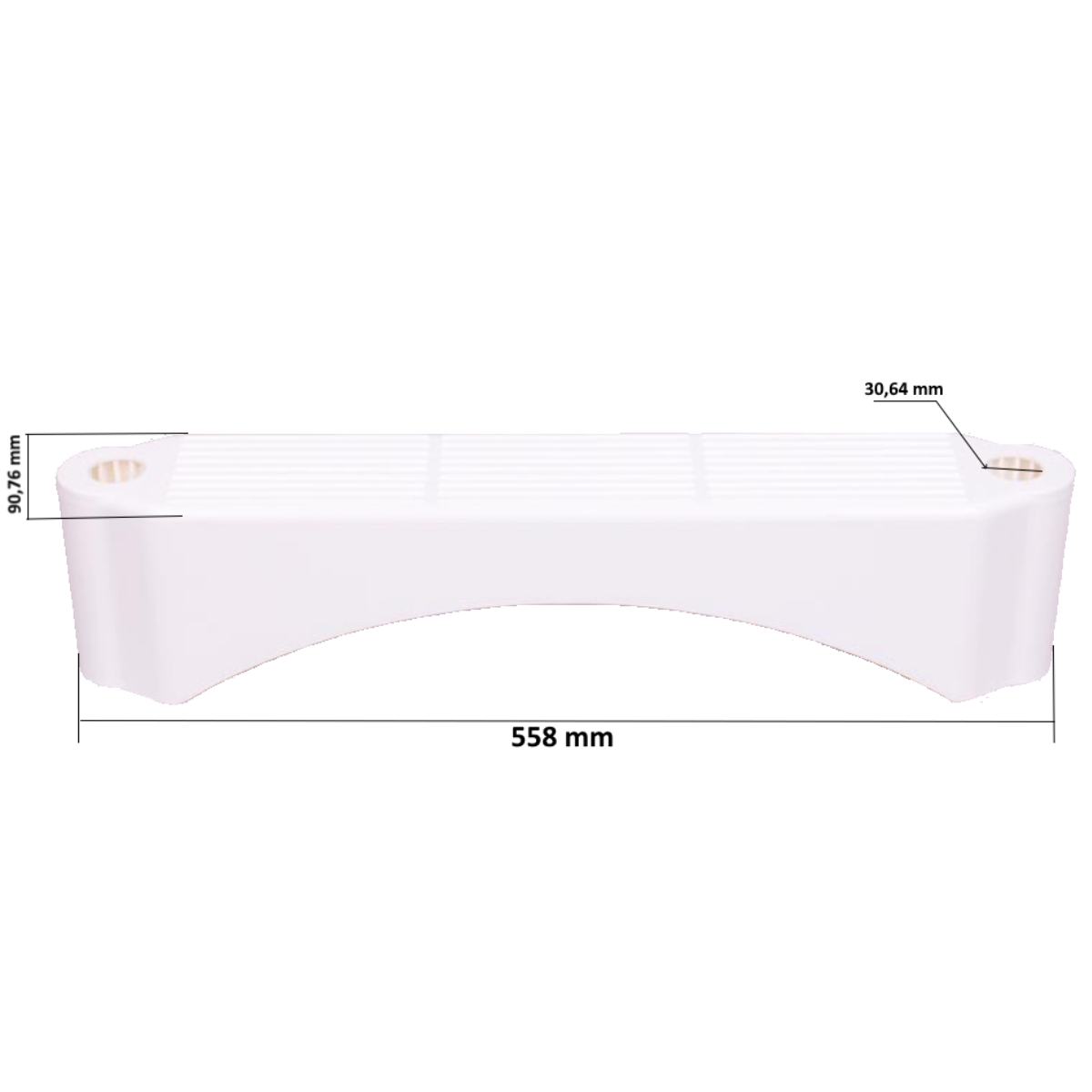 L'immagine presenta un disegno tecnico con le quote dimensionali dello scalino dritto, mostrato in una vista frontale o posteriore. Il componente è di colore bianco e si staglia su uno sfondo anch'esso bianco. Da questa prospettiva si notano: La forma complessiva allungata del gradino. Una marcata curvatura verso il basso nella parte centrale del bordo inferiore. Le estremità laterali, che appaiono più spesse e massicce rispetto alla parte centrale. I fori circolari passanti presenti su entrambe le estremità, destinati al montaggio sulla struttura della scaletta. Sono indicate quattro misure (quote) principali: Lunghezza Totale: La lunghezza massima del gradino da un'estremità all'altra è di 558 mm. Altezza Massima: L'altezza del gradino misurata alle estremità (la parte più spessa) è di 141 mm. Profondità/Larghezza all'Estremità: La misura della larghezza o profondità del gradino presa all'estremità sinistra è di 90,76 mm. Diametro Foro: Il diametro del foro circolare di fissaggio presente alle estremità è di 31,15 mm. Questa immagine fornisce quindi le specifiche tecniche dimensionali essenziali per questo particolare modello di scalino dritto per scaletta.