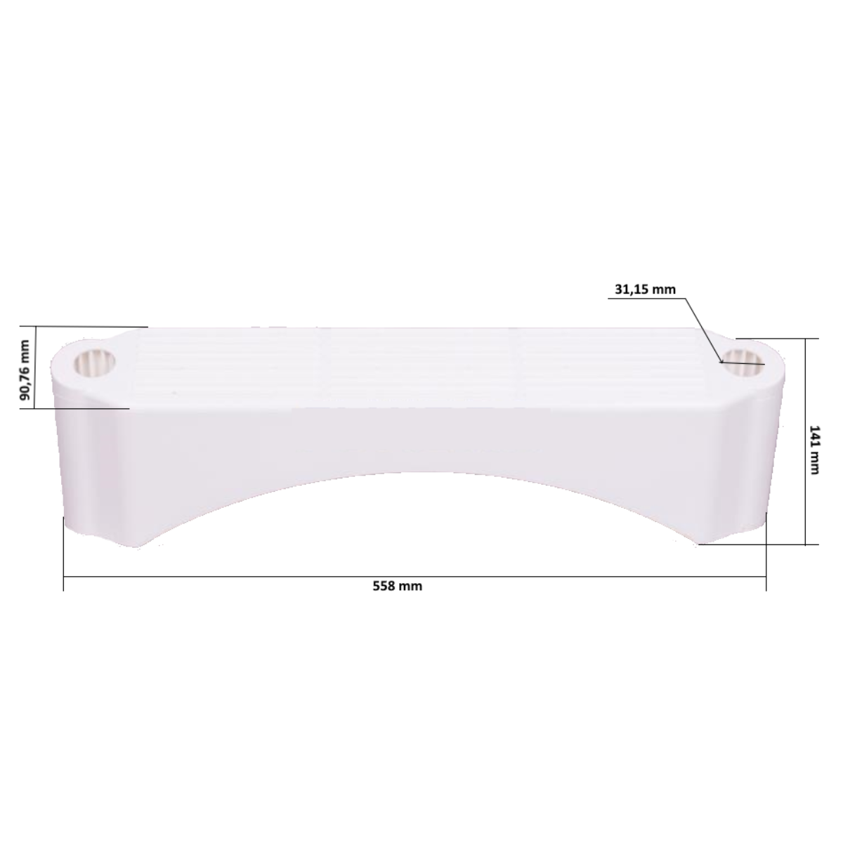 RLSC2SCAI dimensioni L'immagine presenta un disegno tecnico con le quote dimensionali dello scalino inclinato, mostrato in una vista frontale o posteriore. Il componente è di colore bianco e si staglia su uno sfondo anch'esso bianco. Da questa prospettiva si notano: La forma complessiva allungata del gradino. Una marcata curvatura verso il basso nella parte centrale del bordo inferiore. Le estremità laterali, che appaiono più spesse e massicce rispetto alla parte centrale. I fori circolari passanti presenti su entrambe le estremità, destinati al montaggio sulla struttura della scaletta. Sono indicate quattro misure (quote) principali: Lunghezza Totale: La lunghezza massima del gradino da un'estremità all'altra è di 558 mm. Altezza Massima: L'altezza del gradino misurata alle estremità (la parte più spessa) è di 141 mm. Profondità/Larghezza all'Estremità: La misura della larghezza o profondità del gradino presa all'estremità sinistra è di 90,76 mm. Diametro Foro: Il diametro del foro circolare di fissaggio presente alle estremità è di 31,15 mm. Questa immagine fornisce quindi le specifiche tecniche dimensionali essenziali per questo particolare modello di scalino inclinato per scaletta.