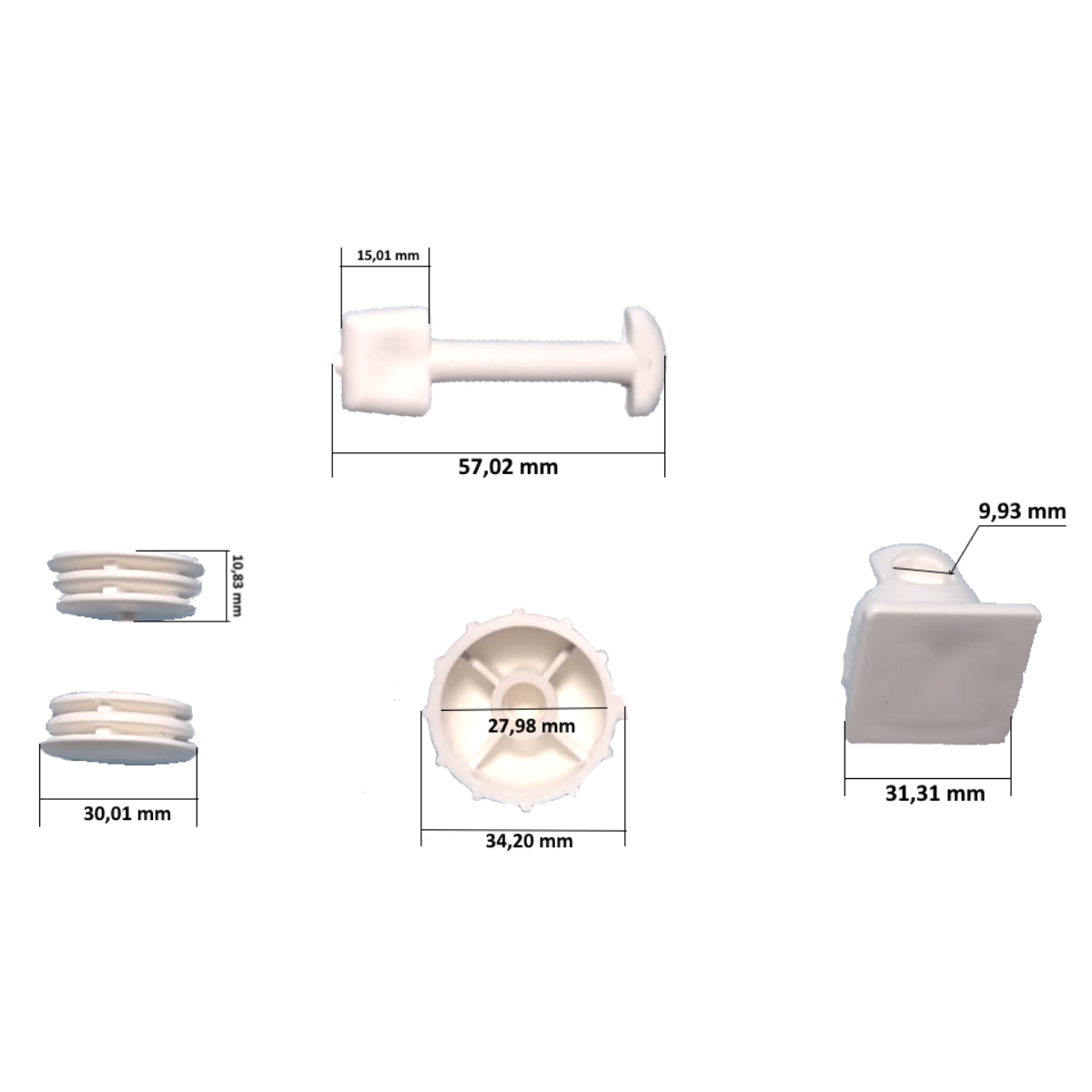 RLSC2SERTA dimensioni Vediamo dei disegni tecnici con le dimensioni di quattro diversi tipi di componenti plastici, tutti di colore bianco/avorio, ogni componente è isolato su sfondo bianco e accompagnato da linee di quotatura. In alto è raffigurato un perno o fermo a forma di T. Presenta una testa più spessa e squadrata a sinistra (larga 15,01 mm) e una testa più piatta e arrotondata a destra. La lunghezza totale del perno è di 57,02 mm. Centro Sinistra, sono mostrati due tappi circolari identici, visti di profilo. Questi tappi sembrano progettati per essere inseriti all'interno di un tubo, data la presenza di una scanalatura circonferenziale che crea due rilievi. Il diametro esterno è di 30,01 mm e l'altezza totale di ciascun tappo è di 10,83 mm. Nel centro, viene mostrata la vista superiore (o interna) di un tappo circolare. Ha un bordo esterno con tacche o dentellature per la presa (diametro esterno 34,20 mm) e delle nervature di rinforzo interne che si irradiano da un centro vuoto (diametro interno tra le nervature 27,98 mm). Invece sul centro destra è visibile un piedino d'appoggio, visto di lato. Ha una base piatta e quadrata (lato 31,31 mm) destinata al contatto con il suolo o il fondo piscina. Dalla base si eleva una parte sagomata (alta 9,93 mm) per l'innesto o il fissaggio alla struttura della scaletta