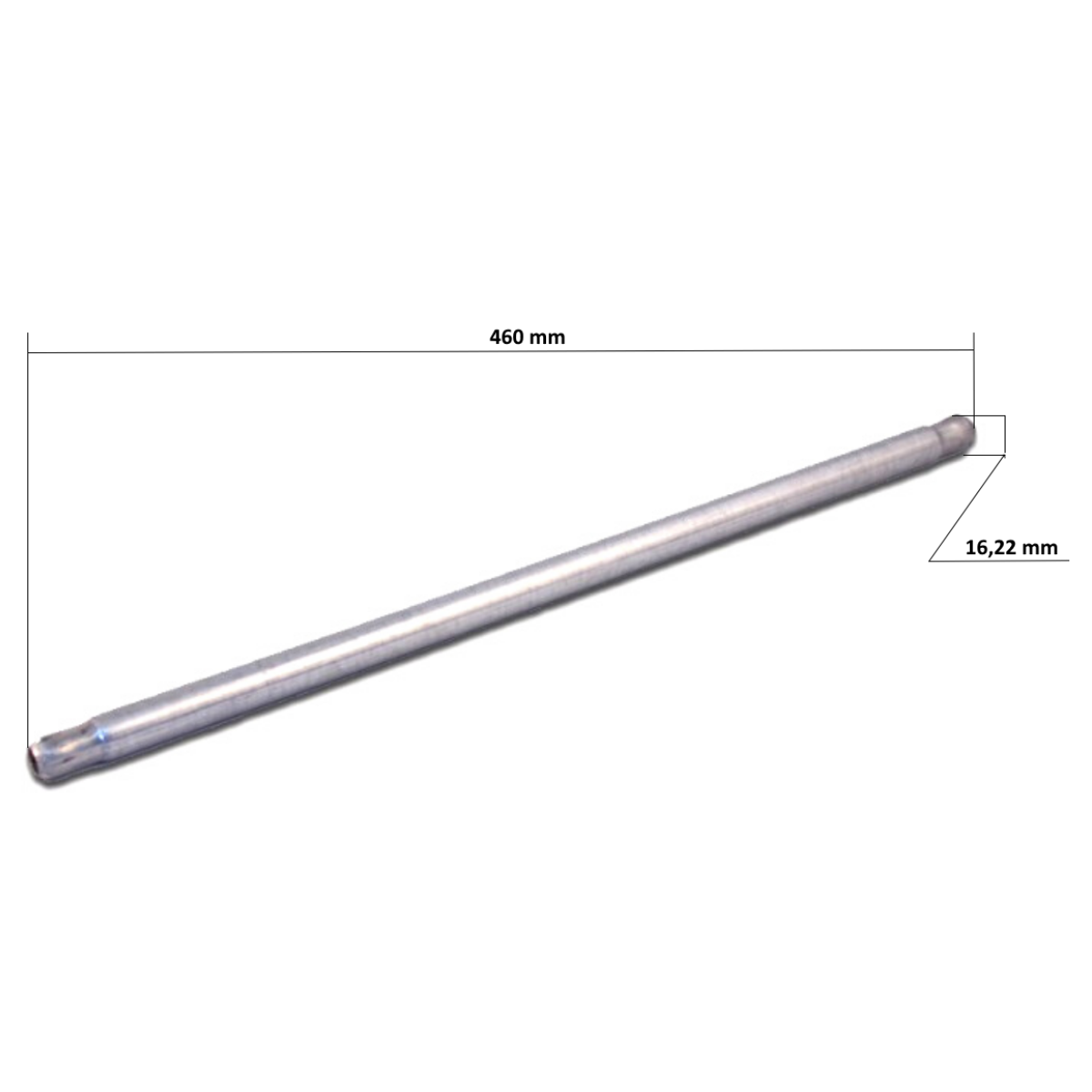 Vediamo un'asta cilindrica metallica su di uno sfondo bianco. L'asta, di colore grigio metallico e liscia, è posizionata diagonalmente. Si vedono delle quote indicate, la lunghezza totale dell'asta, misurata da estremità a estremità, è di 460 mm. Il diametro dell'asta cilindrica è di 16,22 mm.