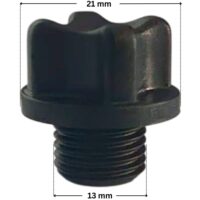Tappo scarico ricambio per pompe piscina Glass Plus e Victoria Plus Astralpool con quote dimensionali: diametro esterno tappo 21 mm e diametro esterno della parte filettata 13 mm.