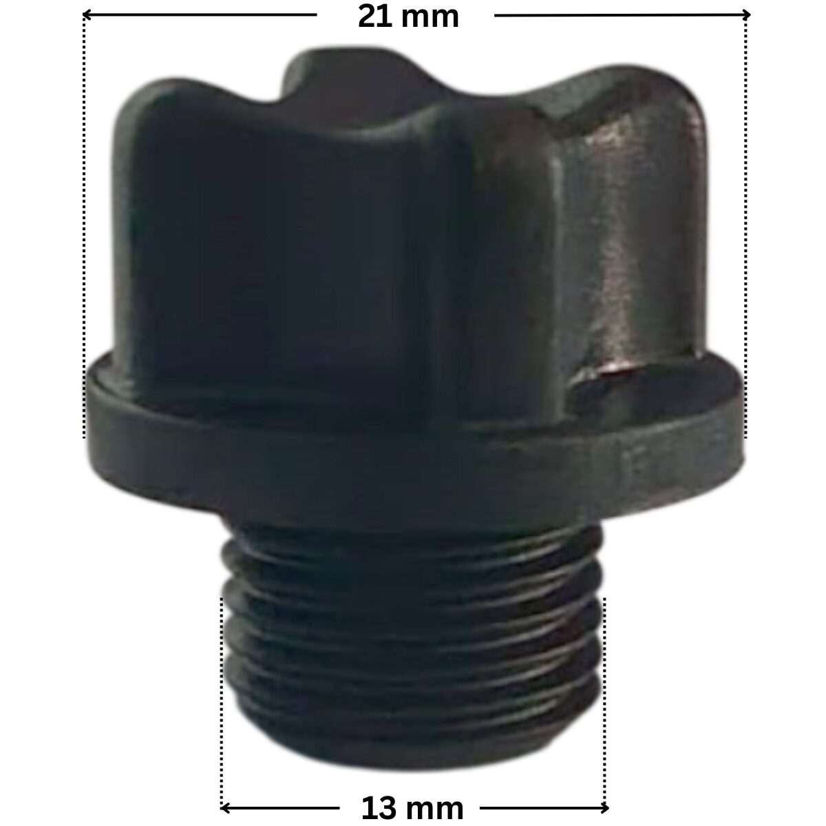 Tappo scarico ricambio per pompe piscina Glass Plus e Victoria Plus Astralpool con quote dimensionali: diametro esterno tappo 21 mm e diametro esterno della parte filettata 13 mm.