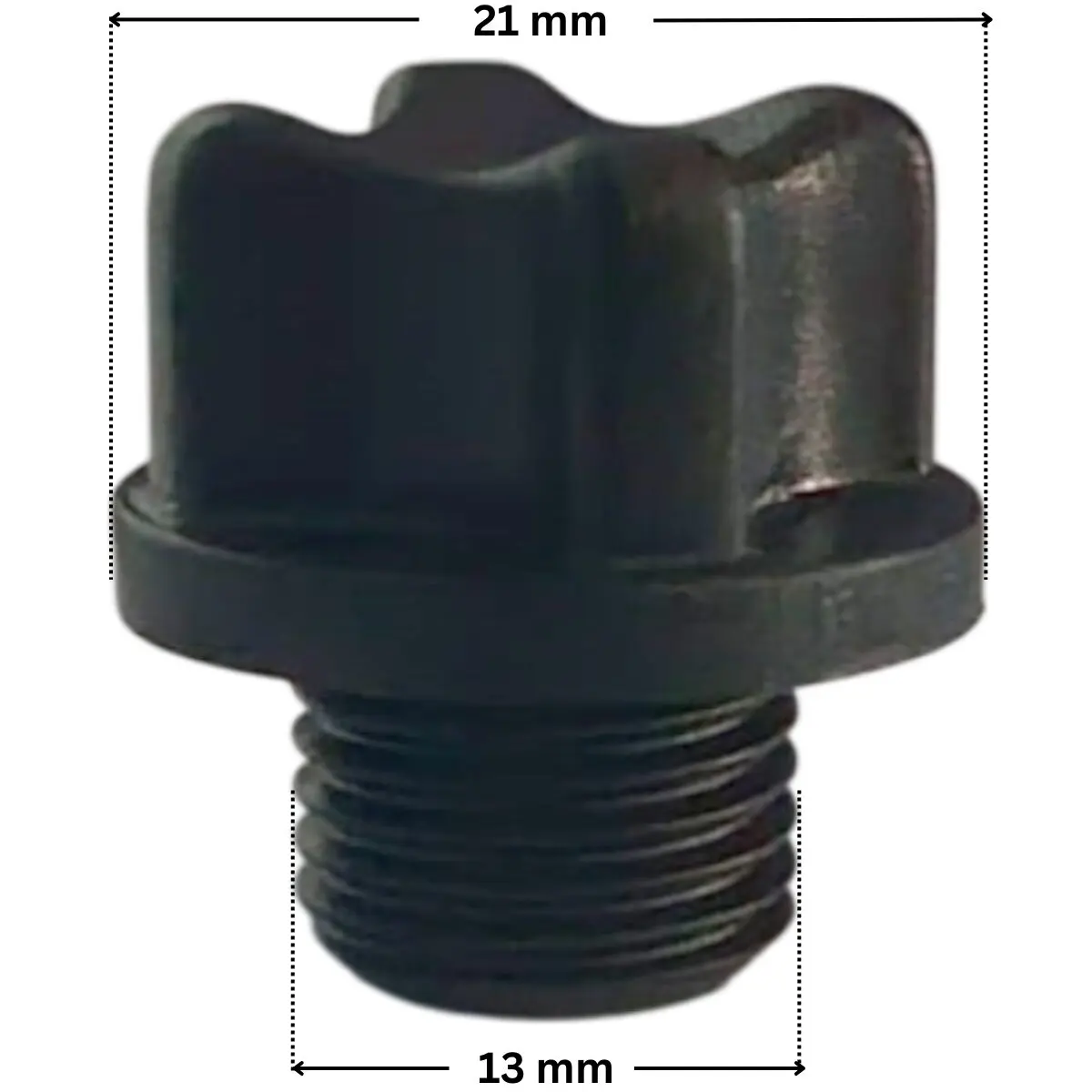 Tappo scarico ricambio per pompe piscina Glass Plus e Victoria Plus Astralpool con quote dimensionali: diametro esterno tappo 21 mm e diametro esterno della parte filettata 13 mm.