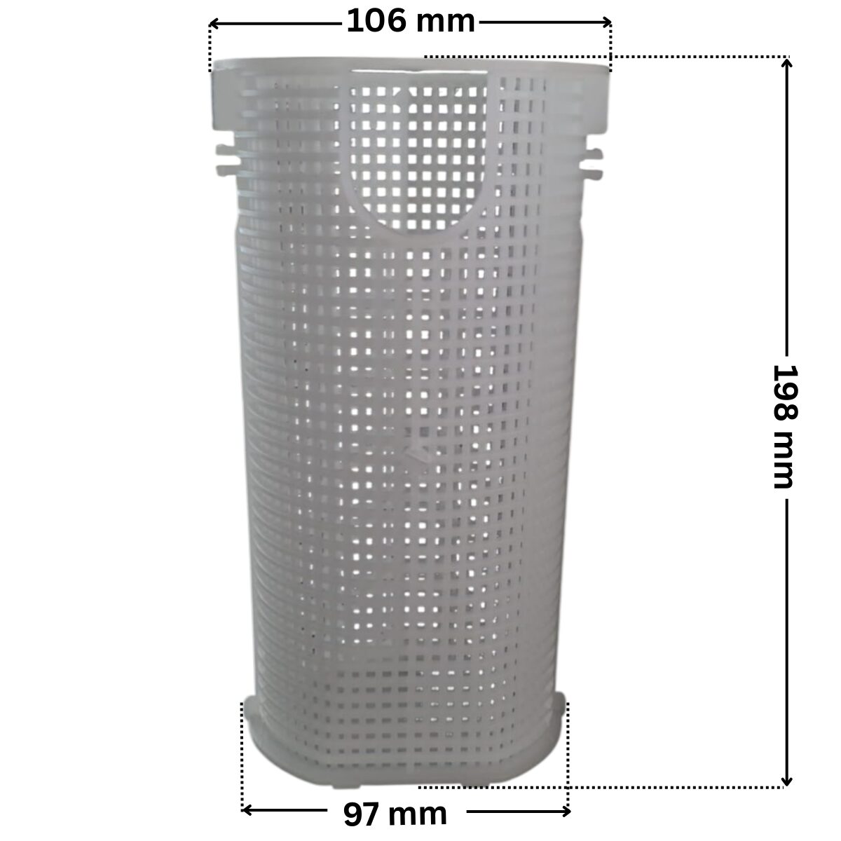 Cestello ricambio per pompa piscina Ondina Kripsol con quote dimensionali: diametro esterno superiore 106 mm, diametro esterno inferiore 97 mm e altezza esterna totale 198 mm.
