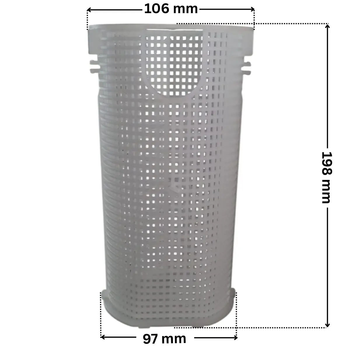 Cestello ricambio per pompa piscina Ondina Kripsol con quote dimensionali: diametro esterno superiore 106 mm, diametro esterno inferiore 97 mm e altezza esterna totale 198 mm.