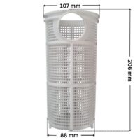 Cestello ricambio per pompa piscina Optima Saci con quote dimensionali: diametro esterno superiore 107 mm, diametro esterno inferiore 88 mm e altezza esterna totale 206 mm.