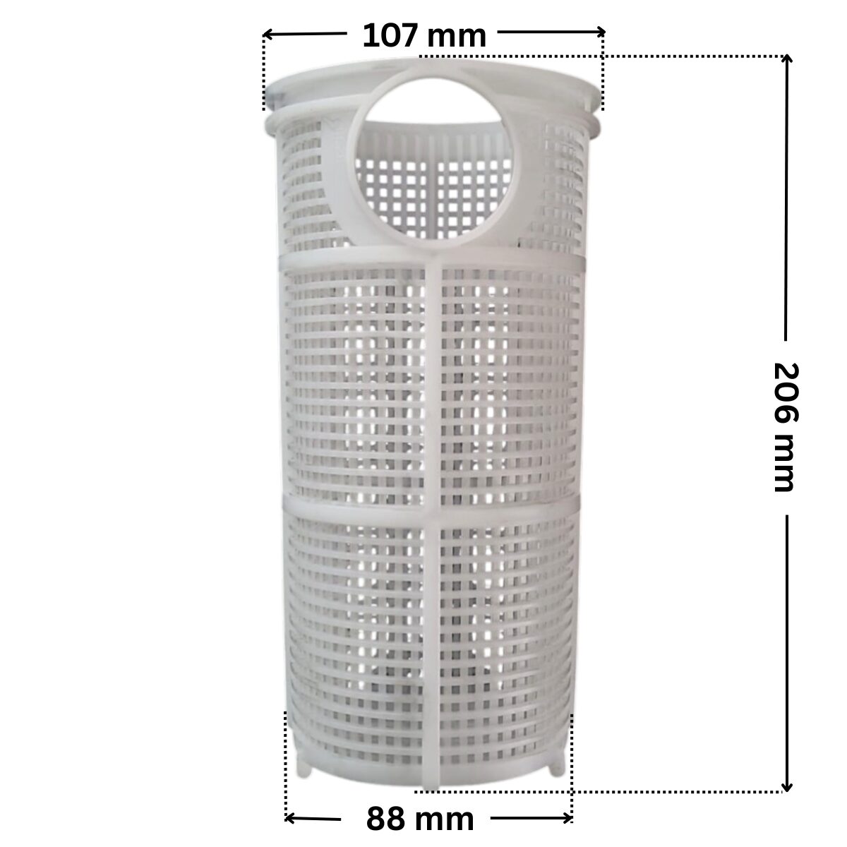 Cestello ricambio per pompa piscina Optima Saci con quote dimensionali: diametro esterno superiore 107 mm, diametro esterno inferiore 88 mm e altezza esterna totale 206 mm.