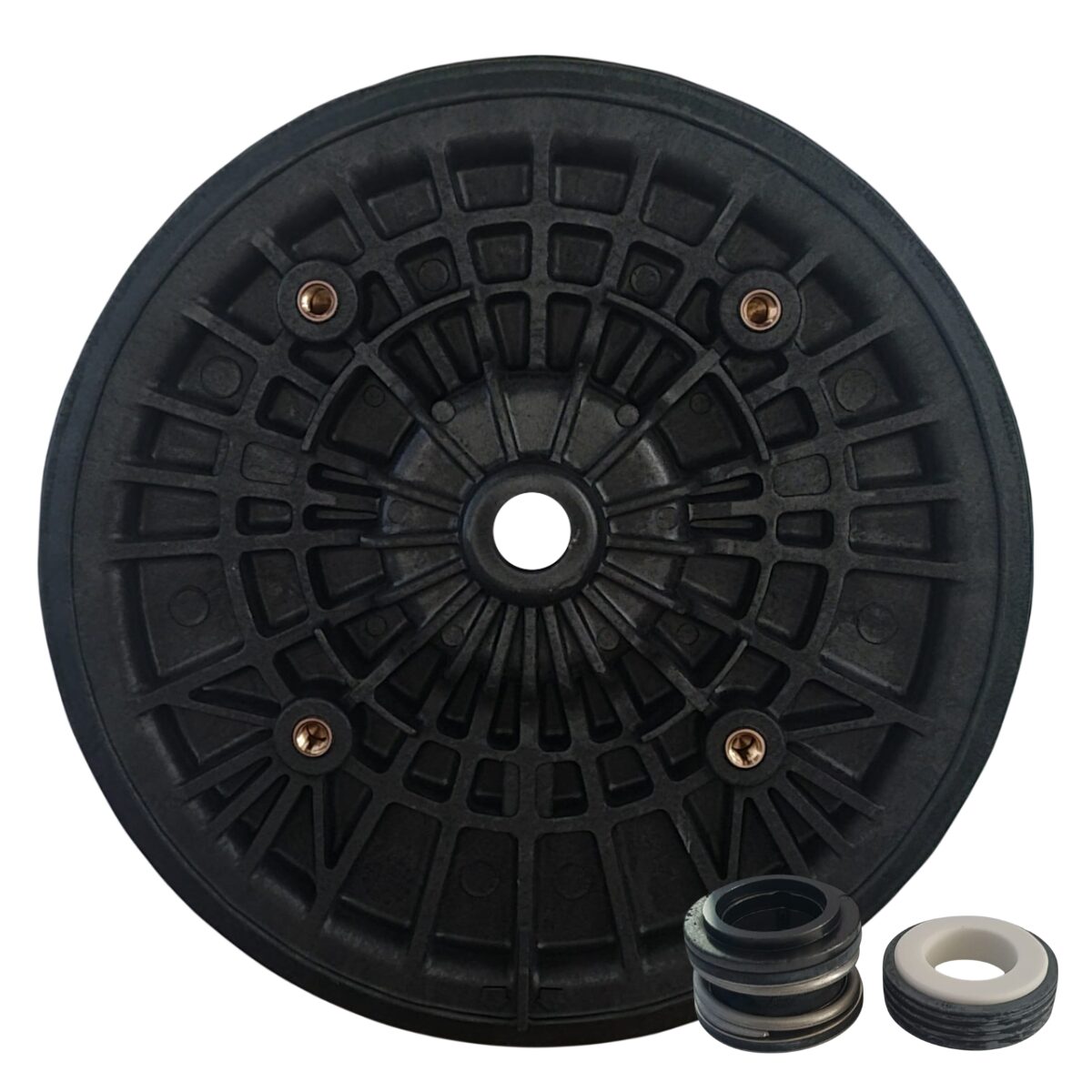 Kit composto da flangia motore e tenuta meccanica ricambio per pompe piscina Challenger Pentair per pompe con potenza da 0,75 Hp a 1,50 Hp.