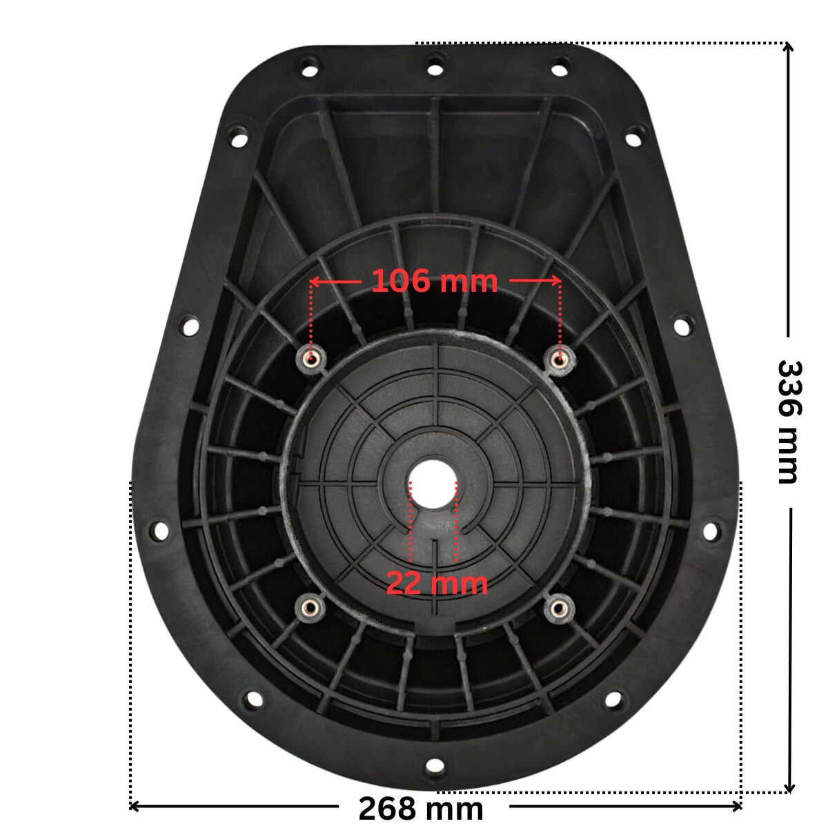 Vista posteriore frontale della flangia motore ricambio per pompe piscina Tifon e Tifon 1 Espa copn quote dimensionali: diametro esterno 268 mm, lunghezza totale esterna 336 mm, diametro interno del foro centrale 22 mm e interasse dei fori per le viti centrali 106 mm.