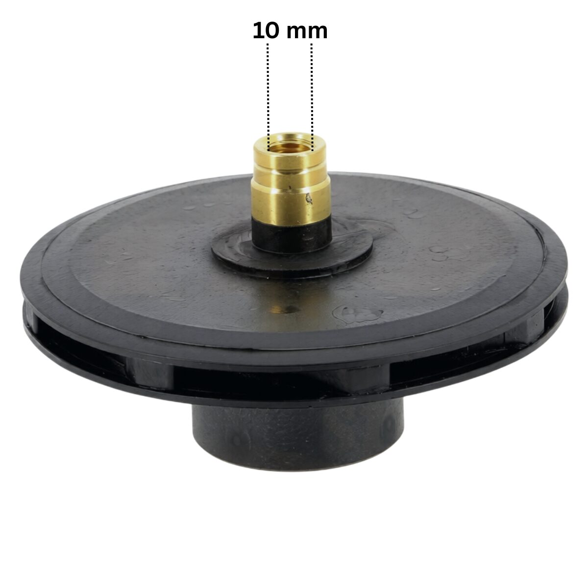 Vista frontale posteriore della girante ricambio per pompe piscina Max-Flo e Superpump Hayward con quote dimensionali: diametro interno del manicotto filettato 10 mm.