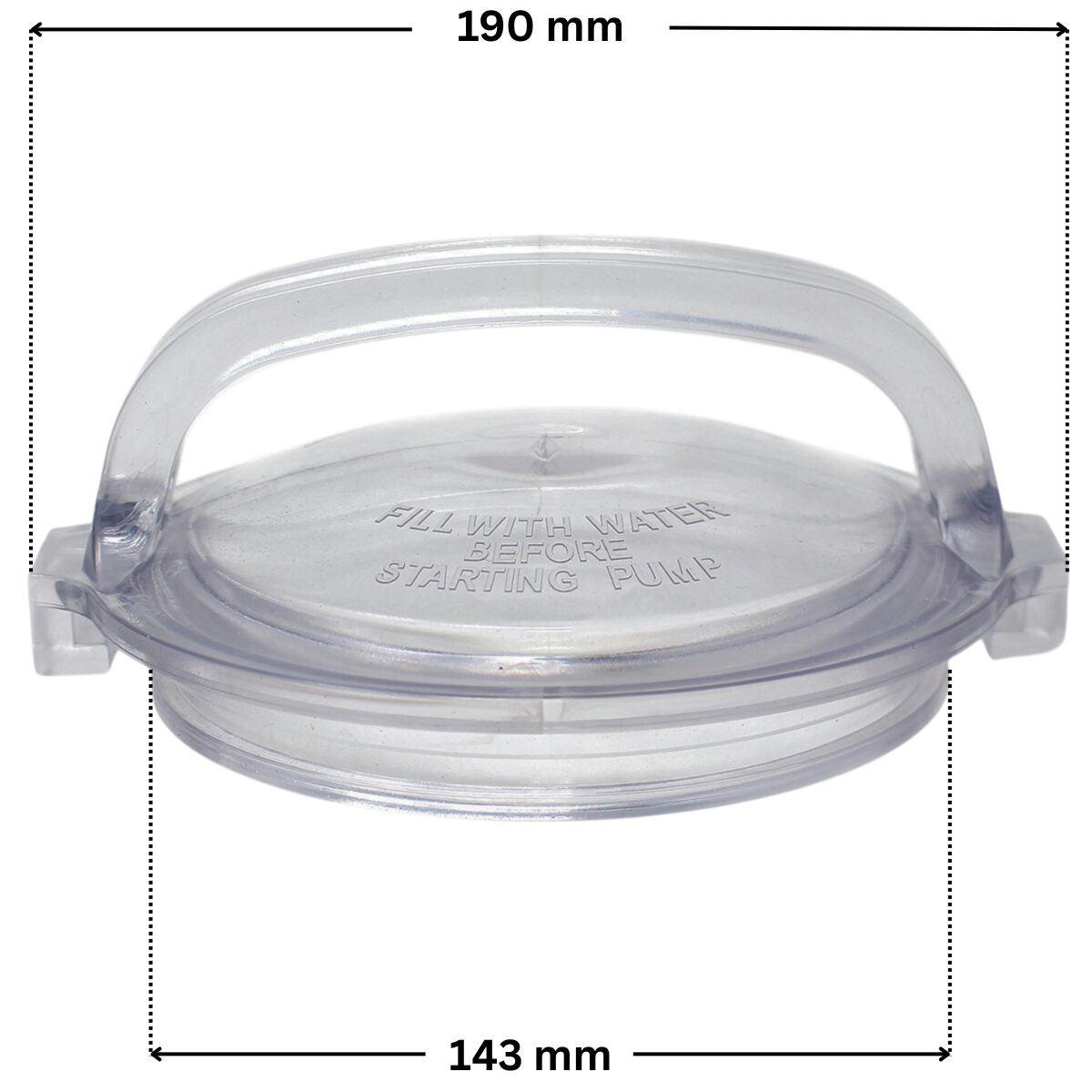 Coperchio ricambio ricambio per pompa piscina Powerflo Hayward con quote dimensionali: diametro interno 143 mm e diametro esterno totale 190 mm.