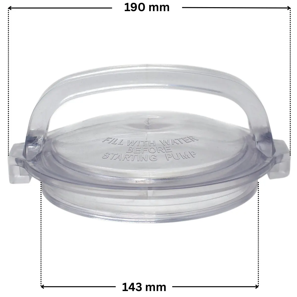 Coperchio ricambio ricambio per pompa piscina Powerflo Hayward con quote dimensionali: diametro interno 143 mm e diametro esterno totale 190 mm.