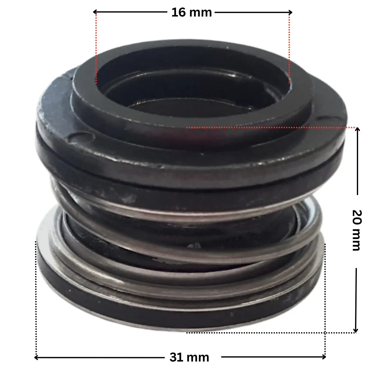 Vista laterale della parte in metallo della tenuta meccanica ricambio per pompe piscina Sta-Rite-5P2R e La Sta-Rite Pentair per pompe con produzione dopo Aprile 2009 con quote dimensionali: diametro esterno 31 mm, diametro interno 16 mm e altezza totale 20 mm.