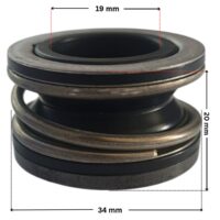 Vista laterale della parte in metallo della tenuta meccanica ricambio per pompe piscina Super Pump e Max-Flo Hayward con quote dimensionali: diametro esterno 34 mm, diametro interno 19 mm e altezza totale 20 mm.