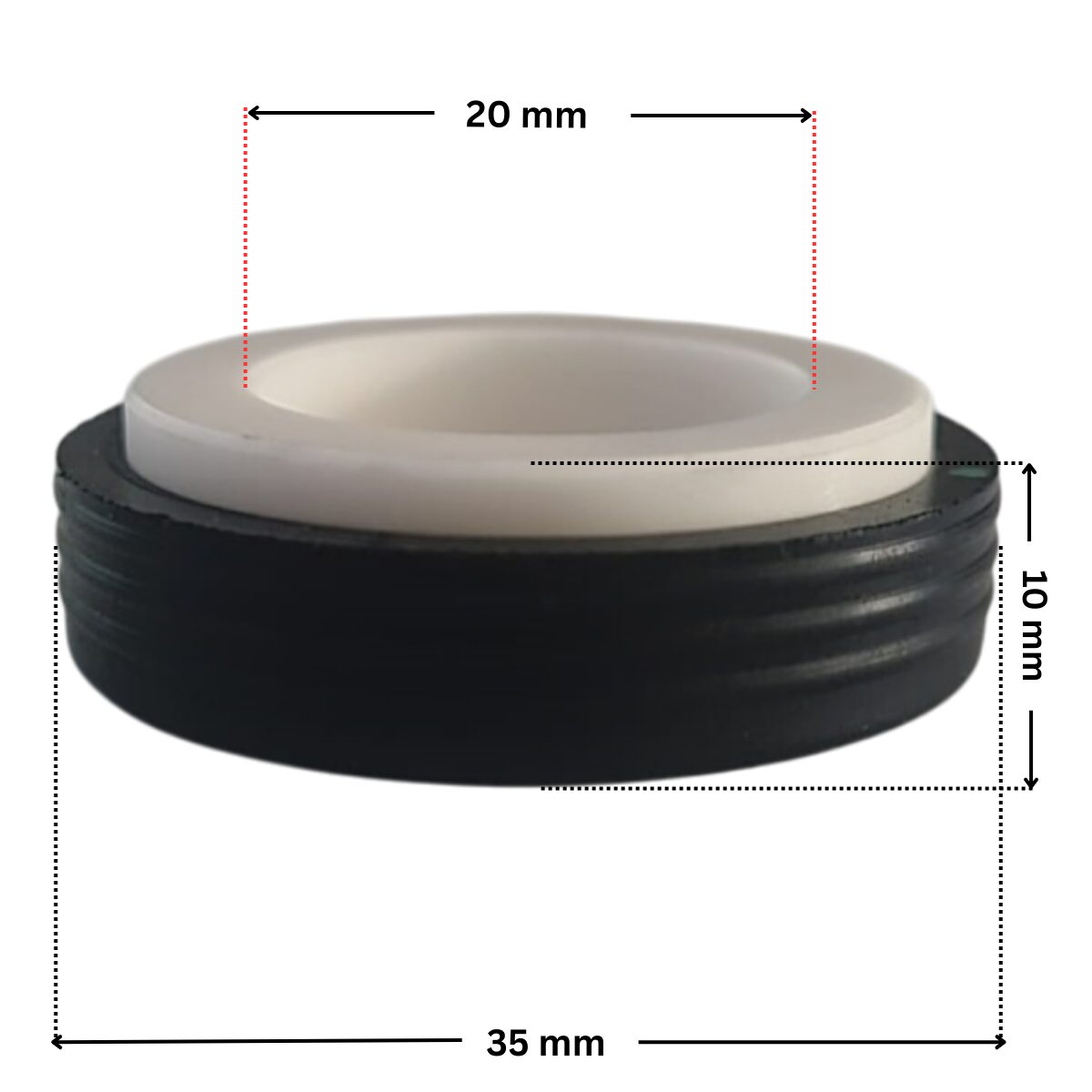 Vista laterale della parte in ceramica della tenuta meccanica ricambio per pompe piscina Super Pump e Max-Flo Hayward con quote dimensionali: diametro esterno 35 mm, diametro interno 20 mm e altezza totale 10 mm.