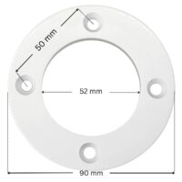 Flangia ricambio per bocchetta a parete Cofies con quote dimensionali: diametro esterno 90 mm, diametro interno 52 mm, interasse fori 50 mm