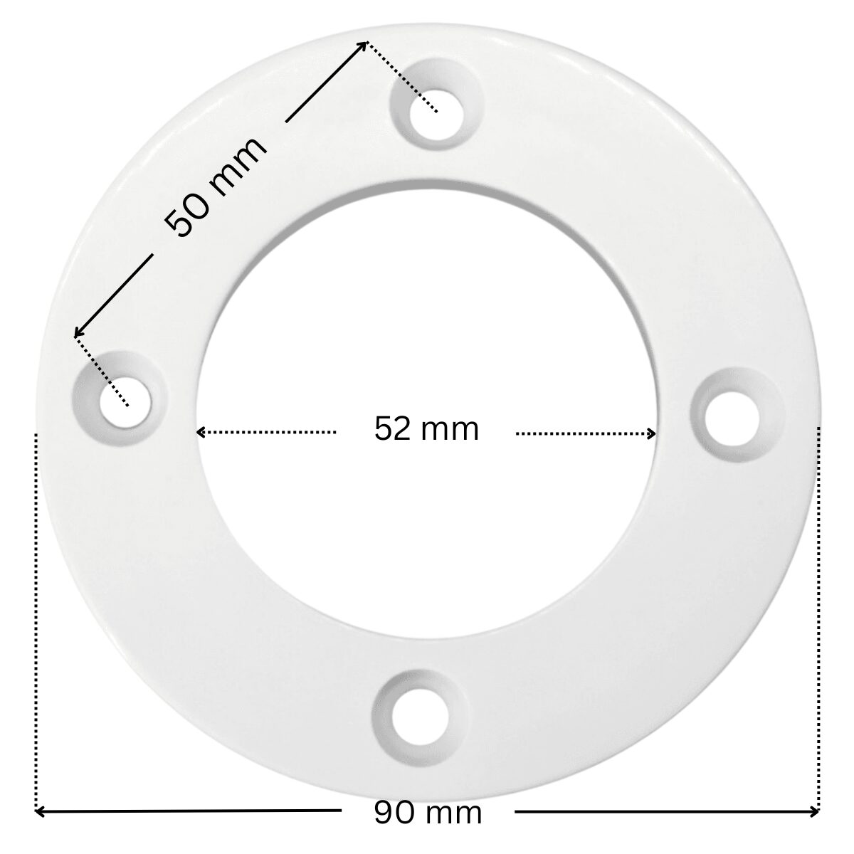 Flangia ricambio per bocchetta a parete Cofies con quote dimensionali: diametro esterno 90 mm, diametro interno 52 mm, interasse fori 50 mm