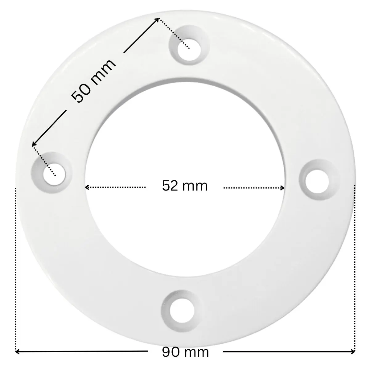 Flangia ricambio per bocchetta a parete Cofies con quote dimensionali: diametro esterno 90 mm, diametro interno 52 mm, interasse fori 50 mm