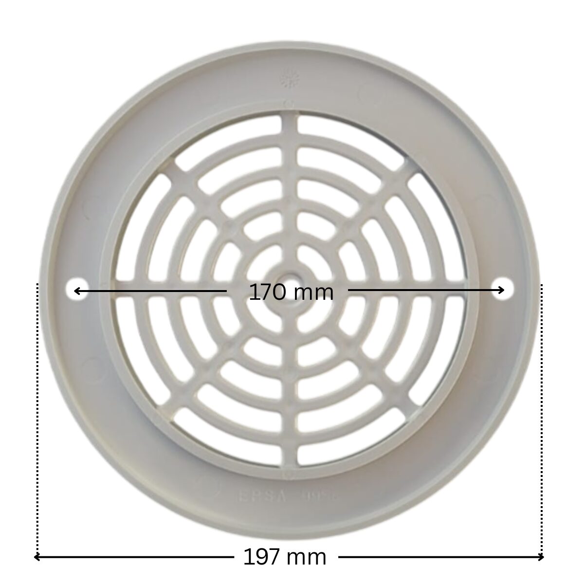 Griglia piatta, ricambio per scarico di fondo Cofies con quote dimensionali: diametro esterno 197 mm e interasse fori fissaggio viti 170 mm