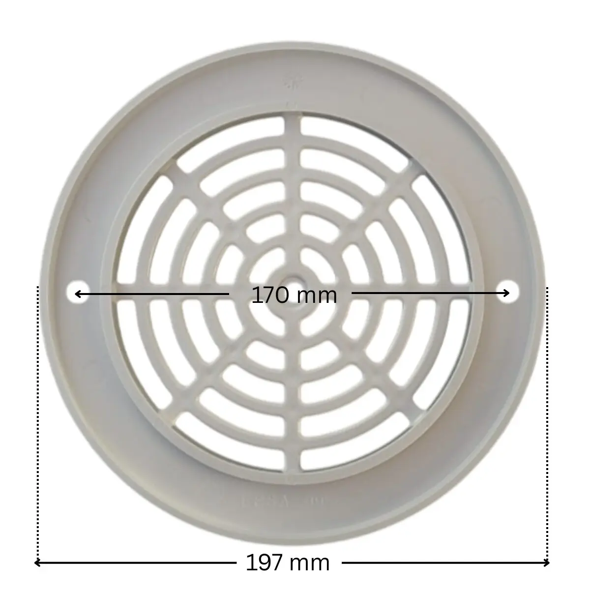 Griglia piatta, ricambio per scarico di fondo Cofies con quote dimensionali: diametro esterno 197 mm e interasse fori fissaggio viti 170 mm