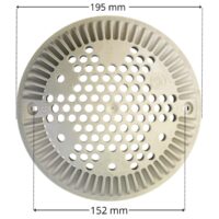 Griglia antivortice ricambio per scarico di fondo Hayward con quote dimensionali: diametro esterno 195 mm e interasse fori fissaggio viti 152 mm