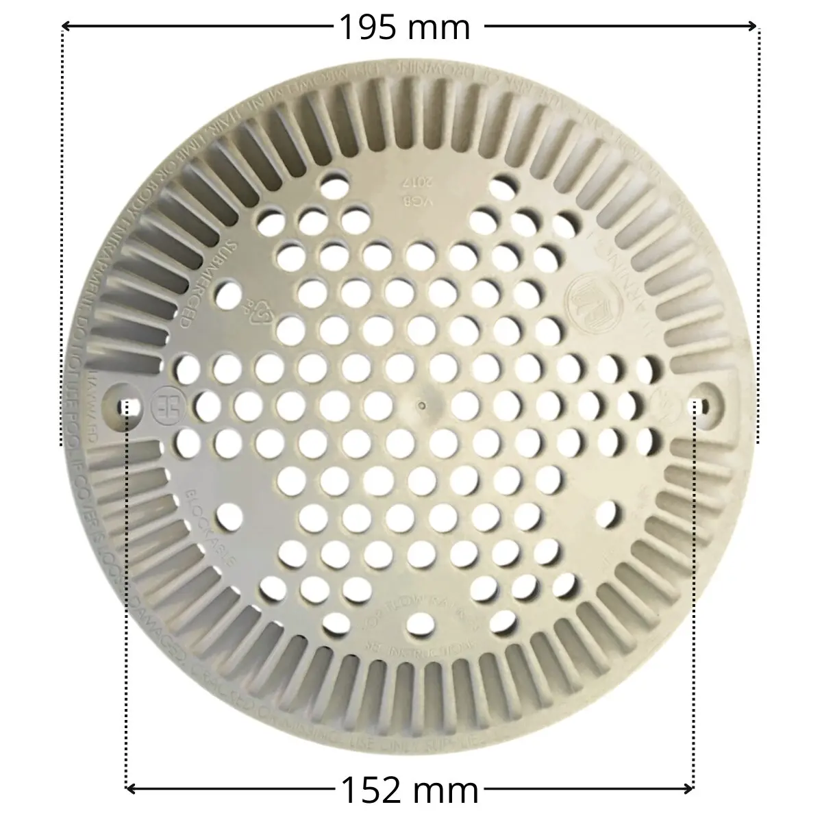 Griglia antivortice ricambio per scarico di fondo Hayward con quote dimensionali: diametro esterno 195 mm e interasse fori fissaggio viti 152 mm