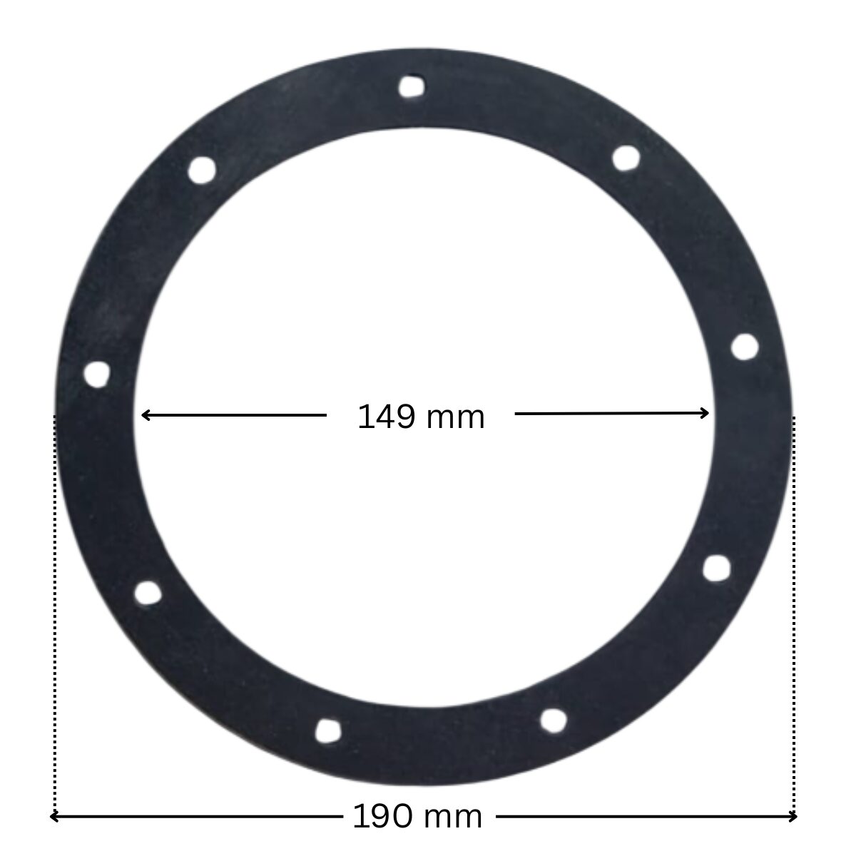 Guarnizione ricambio per scarico di fondo Cofies con quote dimensionali: diametro esterno 190 mm, diametro interno 149 mm