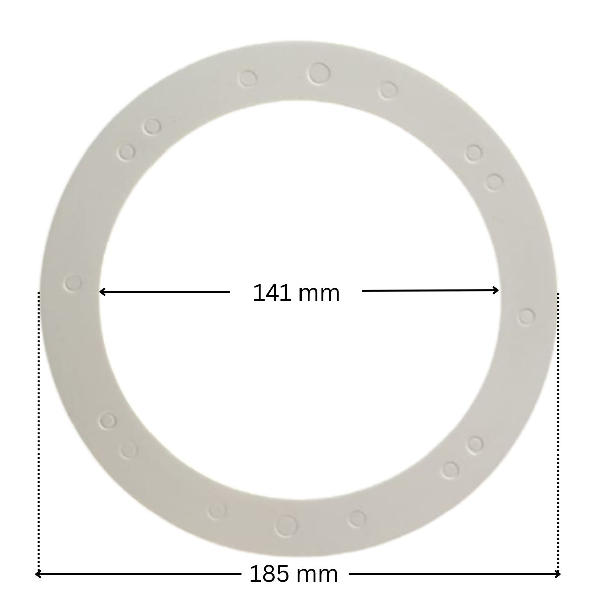 Guarnizione ricambio per scarico di fondo Weltico con quote dimensionali: diametro interno 141 mm, diametro esterno 185 mm
