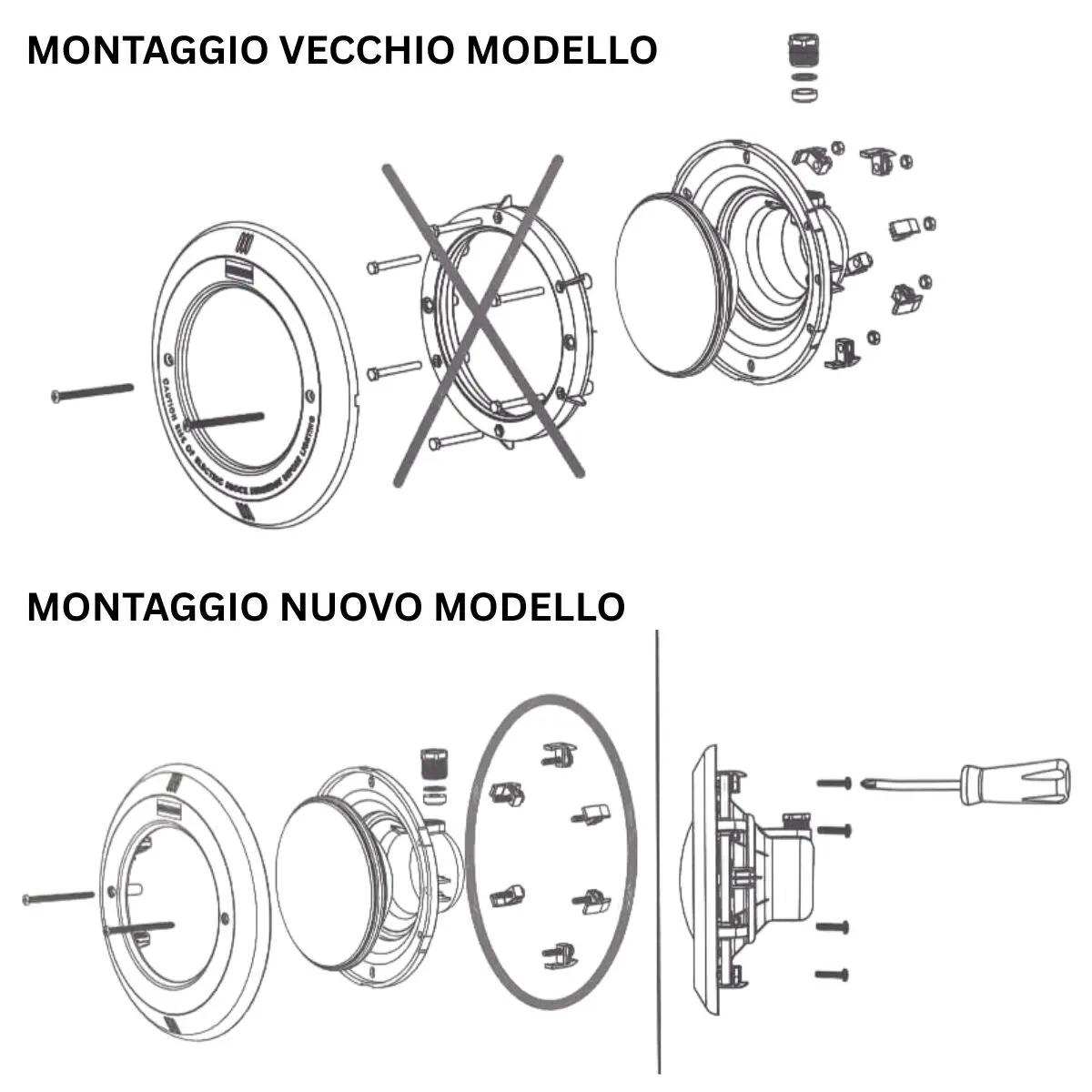 Istruzioni di montaggio del copriflangia con viti incorporate ricambio per faro subacqueo Standard e Lumiplus PAR56 Astralpool.