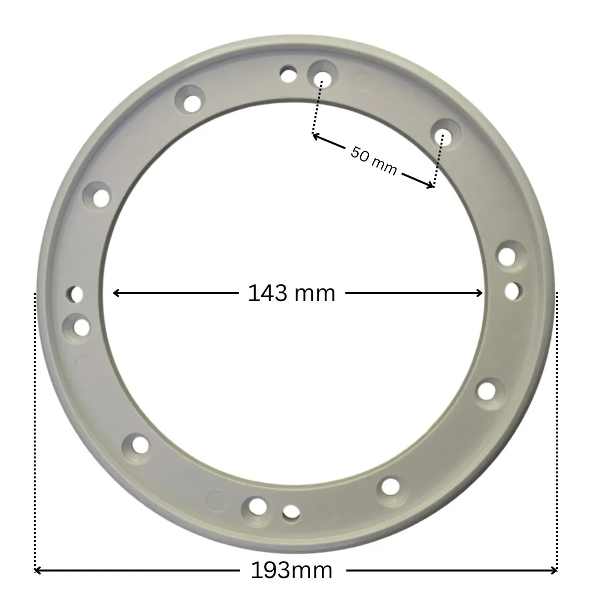 Flangia ricambio per scarico di fondo Weltico con quote dimensionali: diametro interno 143 mm, diametro esterno 193 mm, interasse fori fissaggio viti 50 mm