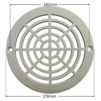 Griglia ricambio per scarico di fondo Weltico con quote dimensionali: diametro esterno 179 mm, interasse fori fissaggio viti 162 mm