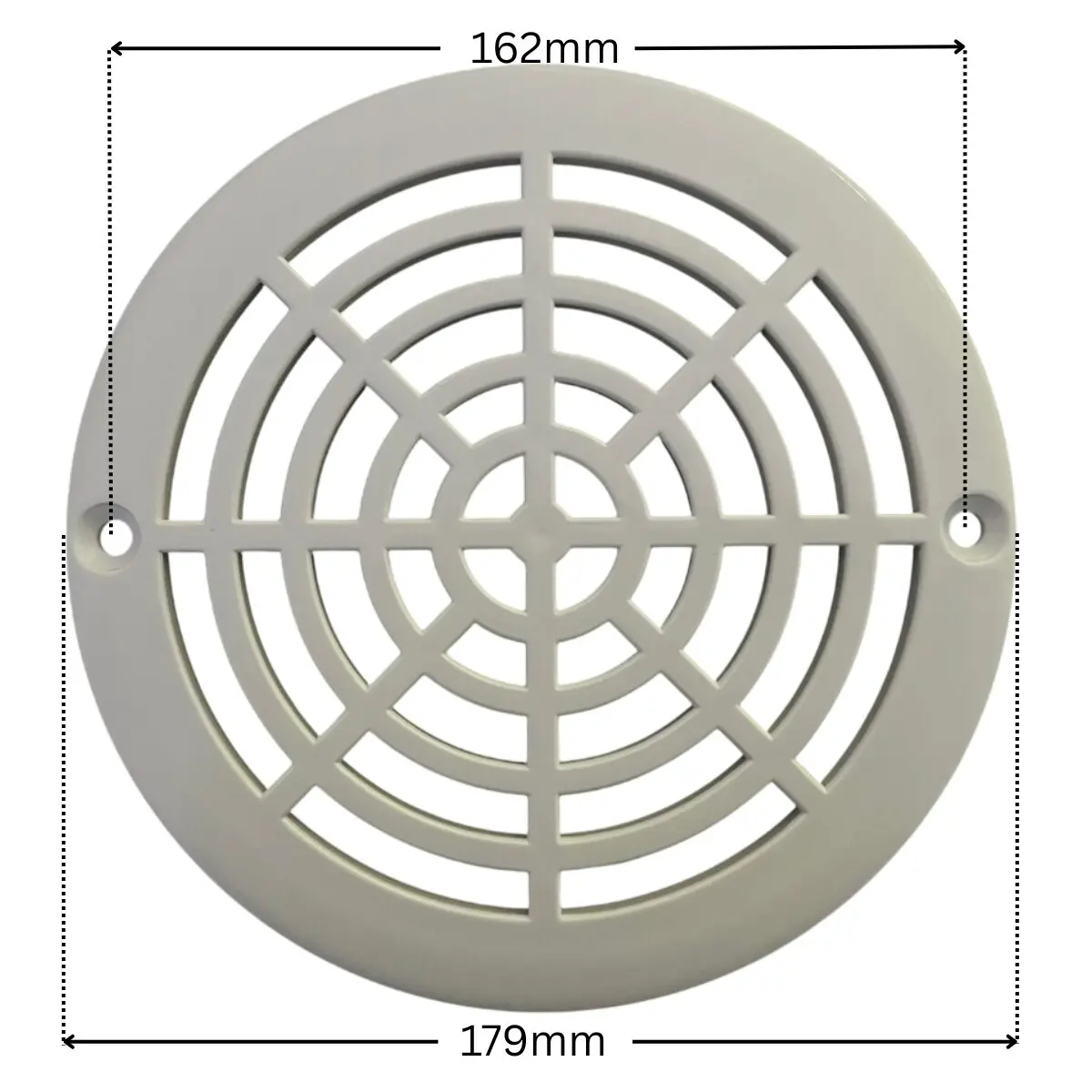 Griglia ricambio per scarico di fondo Weltico con quote dimensionali: diametro esterno 179 mm, interasse fori fissaggio viti 162 mm