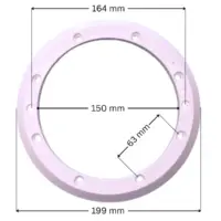 Flangia ricambio per scarico di fondo BL211 Aquareva con quote dimensionali: diametro interno 150 mm, diametro esterno 199 mm, interasse fori fissaggio viti 63 mm