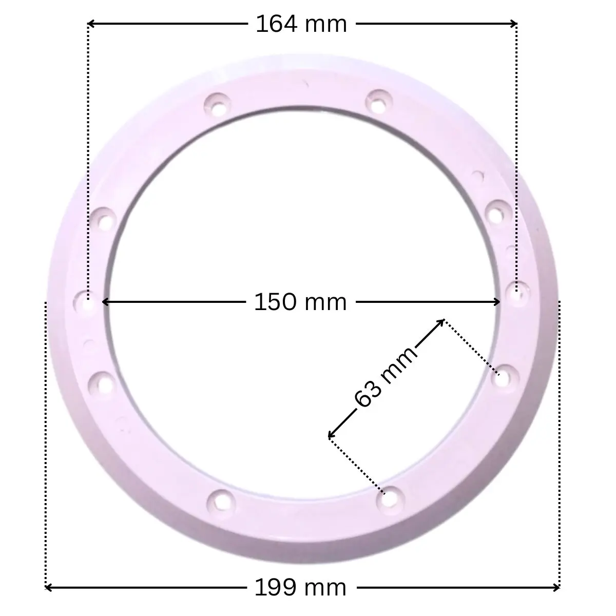Flangia ricambio per scarico di fondo BL211 Aquareva con quote dimensionali: diametro interno 150 mm, diametro esterno 199 mm, interasse fori fissaggio viti 63 mm