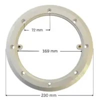 Flangia, ricambio per scarico di fondo diametro 200 mm Astralpool con quote dimensionali: diametro interno 169 mm, diametro esterno 230 mm, interasse fori fissaggio viti 72 mm