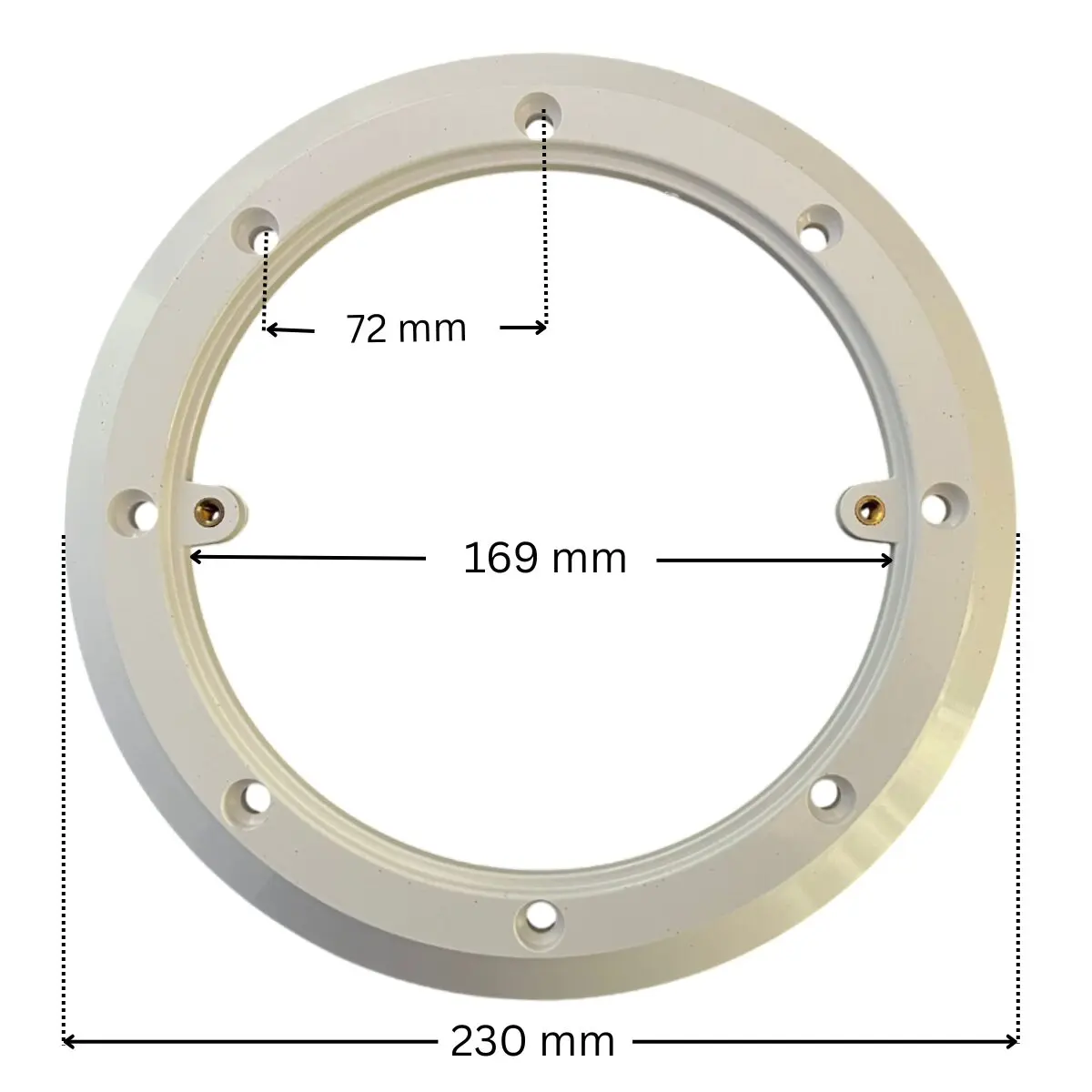 Flangia, ricambio per scarico di fondo diametro 200 mm Astralpool con quote dimensionali: diametro interno 169 mm, diametro esterno 230 mm, interasse fori fissaggio viti 72 mm