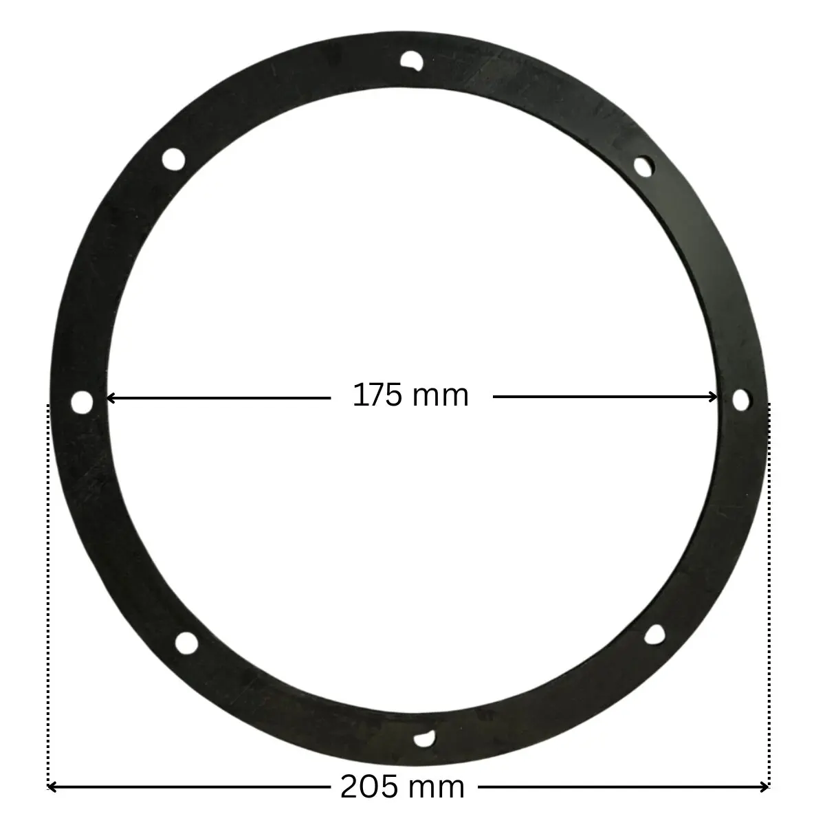 Guarnizione, ricambio per scarico di fondo diametro 200 mm Astralpool con quote dimensionali: diametro interno 175 mm e diametro esterno 205 mm.
