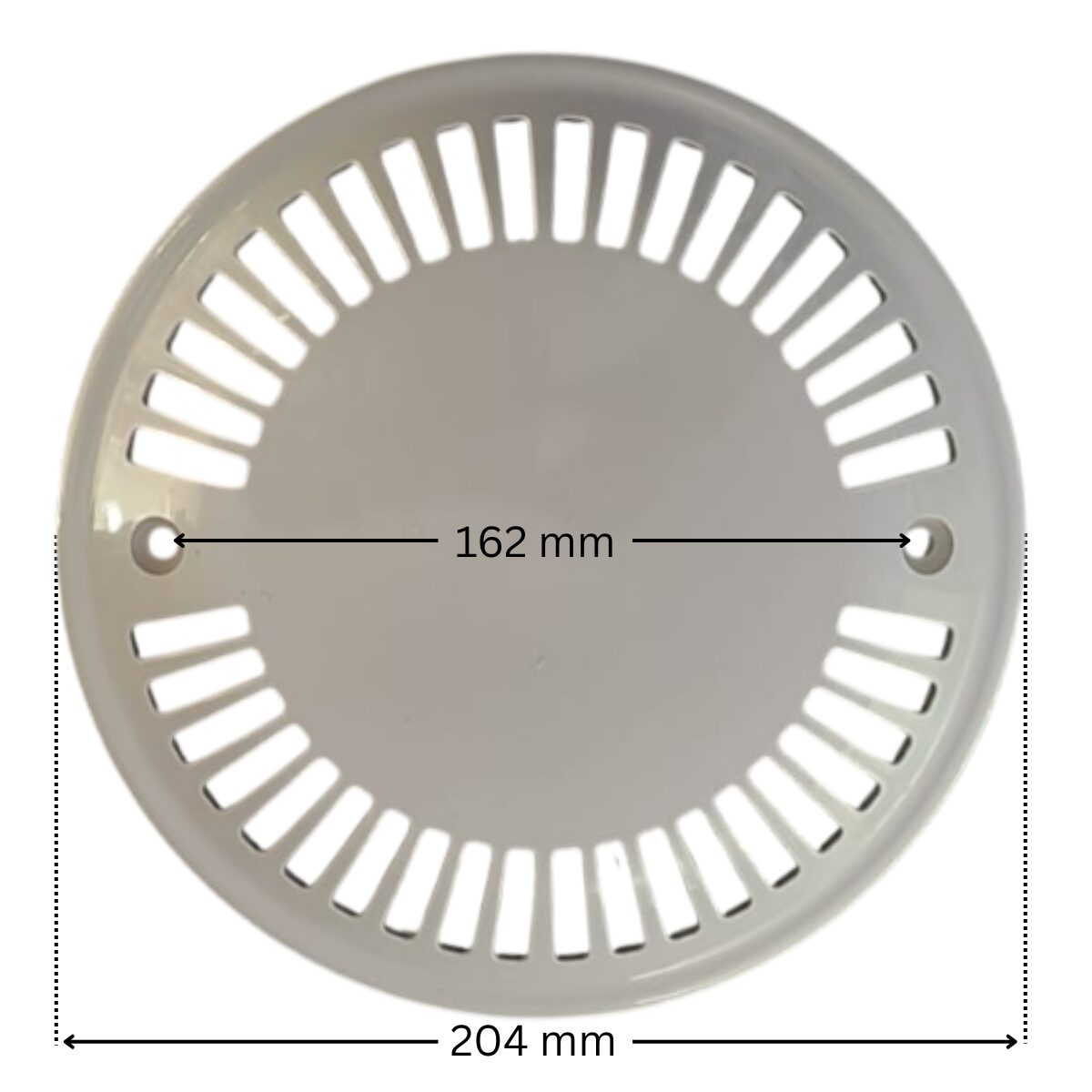 Griglia antivortice e viti fissaggio, ricambio per scarico di fondo diametro 200 mm Astralpool con quote dimensionali: diametro esterno 204 mm e interasse fori fissaggio viti 162 mm