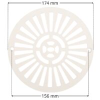 Griglia piatta e viti fissaggio, ricambio per scarico di fondo diametro 200 mm Astralpool con quote dimensionali: diametro esterno 174 mm e interasse fori fissaggio viti 156 mm