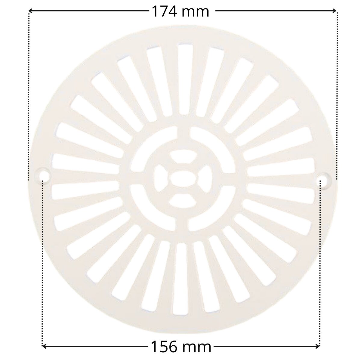 Griglia piatta e viti fissaggio, ricambio per scarico di fondo diametro 200 mm Astralpool con quote dimensionali: diametro esterno 174 mm e interasse fori fissaggio viti 156 mm